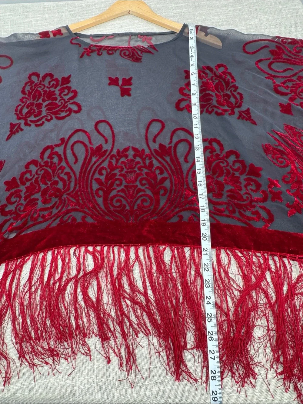 Whimsigoth Burnout Velvet Fringe Trim Poncho Fairy Goth Boho Hippie Black & Red